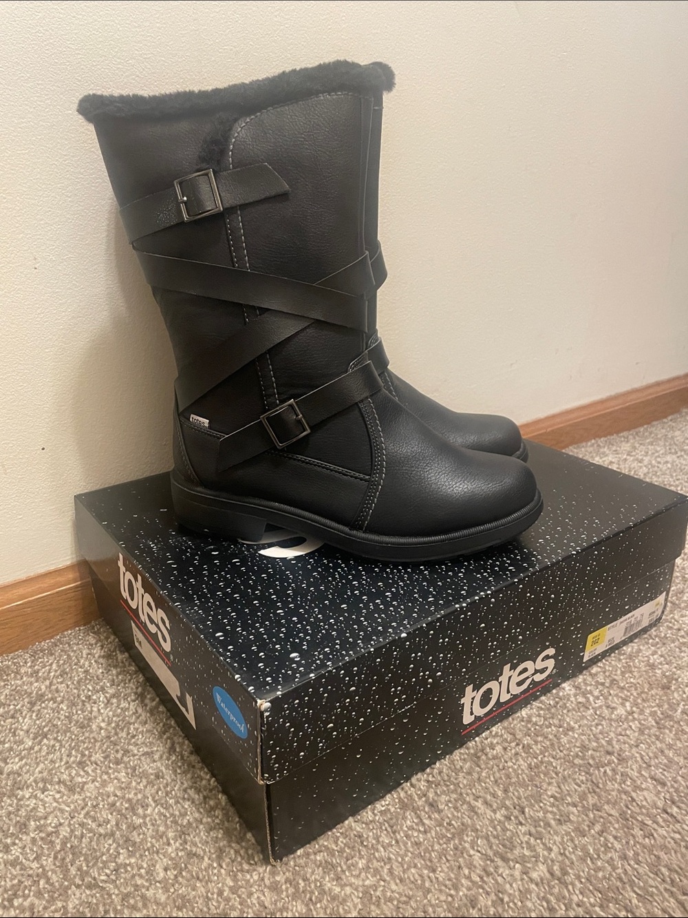 totes Women's Black Faux-Leather Mid-Calf Winter Boots with Buckle Straps